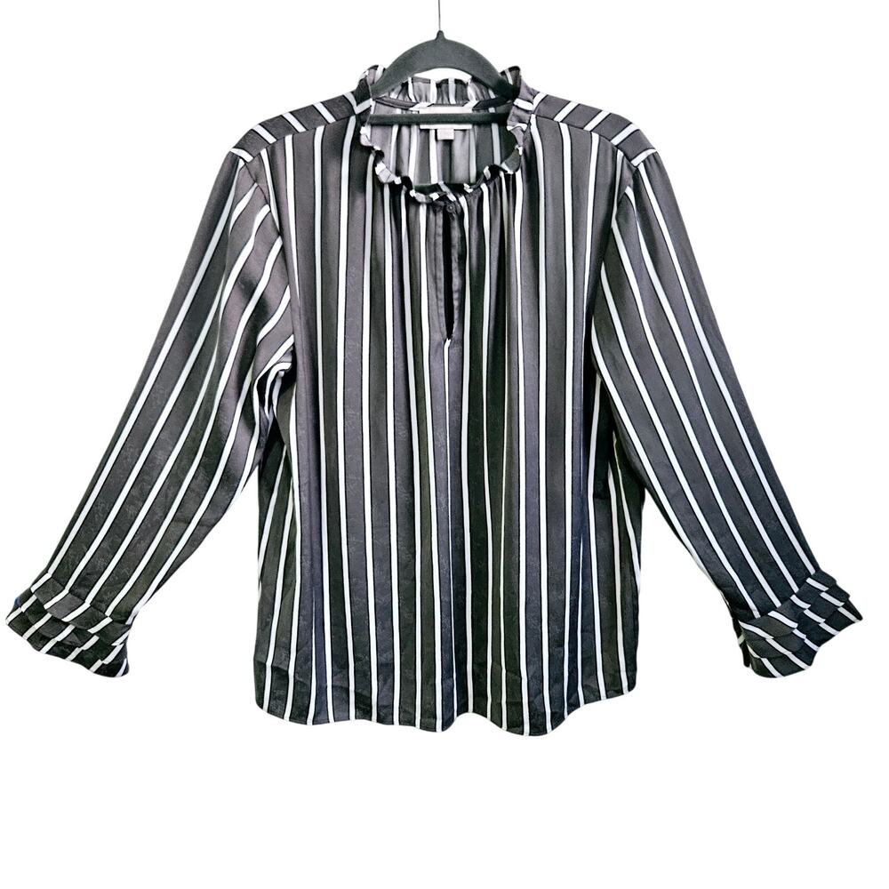 Loft Outlet Size S Ruffle Neck Popover Blouse Gray White Stripe Office Academia